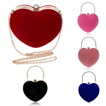 

2020 New Fashion Women Heart Clutch Bag Velvet Evening Bag Handbag Purse Chain Prom Party Wedding Shoulder Bags