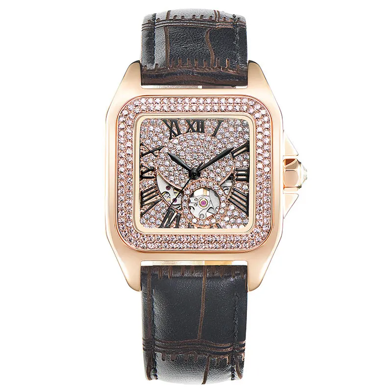 

2019 New Fashion Square Automatic Mechanical Watch Woman Ladies Watch Hollow Rose Gold Watches Full Diamond Female Clock Brand