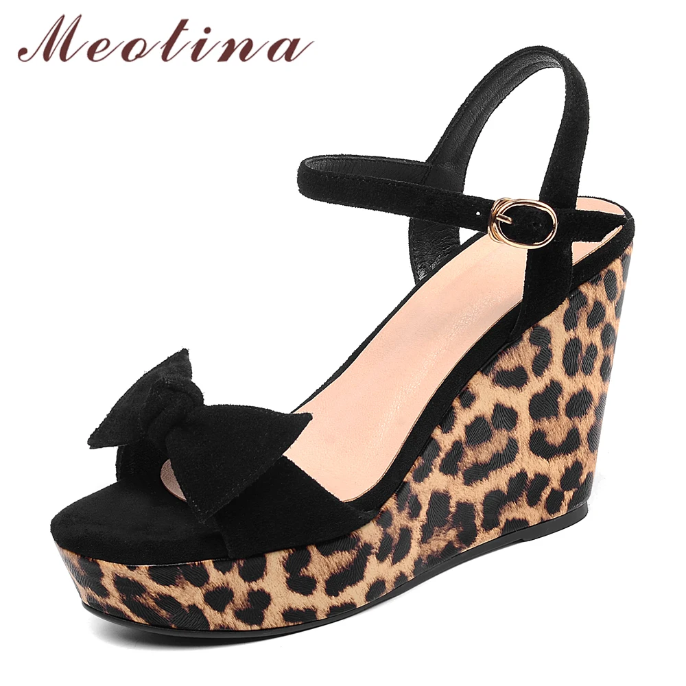 

Meotina Women Shoes Summer Sandals Kid Suede Bow Platform Wedges Heel Shoes Leopard Buckle Super High Heel Sandals Lady Size 39