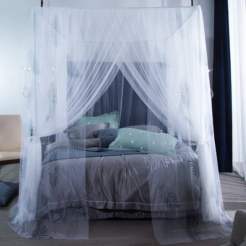 Dark blue Mosquito Net Princess Lace Four Corner Post girls Canopy Bed Mosquito Net contain frame for Queen King Bed