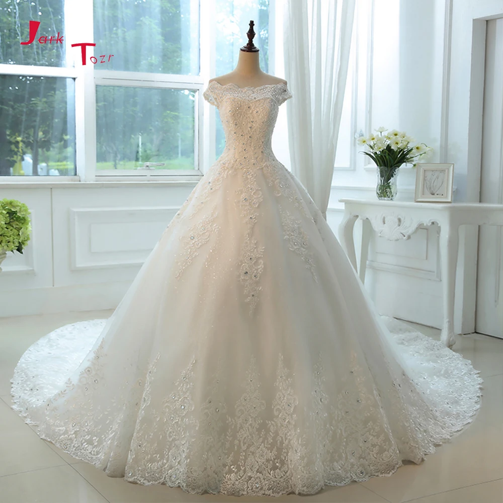 

Boat Neck Ball Gown Wedding Dress Plus Size 2019 Crystal Appliques Robe de Mariee Off Shoulder Vestido de Novia Ivory Trouwjurk
