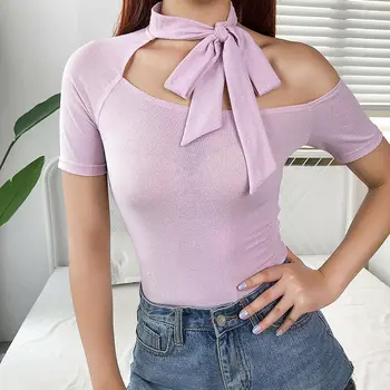

Fashion Women Tie One Shoulder Hollow Tops Bodysuit Leotard Blouse Romper 2019 New Solid Bow Collar OL Tops Jumpsuit S-L