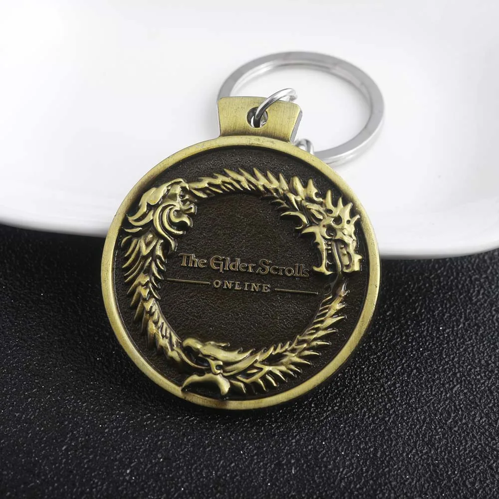 

Game Series Keyring The Elder Scrolls Keychain Vintage Antique Bronze Round Skyrim Dragon Key Chain Ring Chaveiro