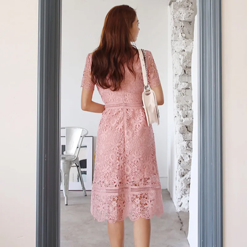 Vestidos Лето элегантное кружевное платье с вырезом Розовое женское платье с коротким рукавом для выпускного вечера офисное вечернее платье повседневное платье с цветочным узором «кроше»