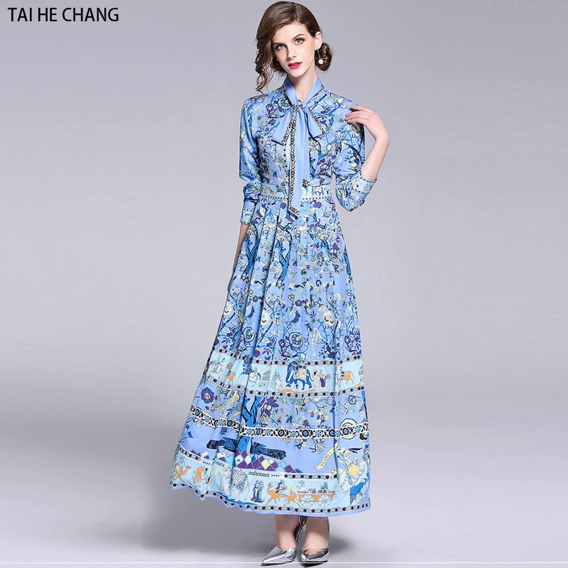 

2018 women new autumn elegant slim bodycon casual party runway floral print long maxi dress office work dresses summer