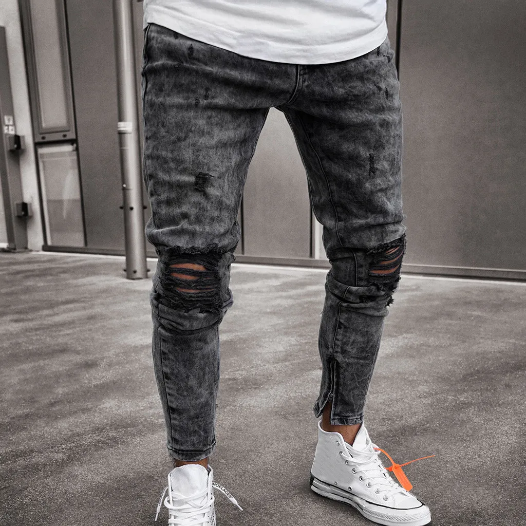 

2019 Spring New Mens Skinny Stretch Denim Pants Distressed Ripped Freyed Slim Fit Jeans Trousers Brand Fashion Wear