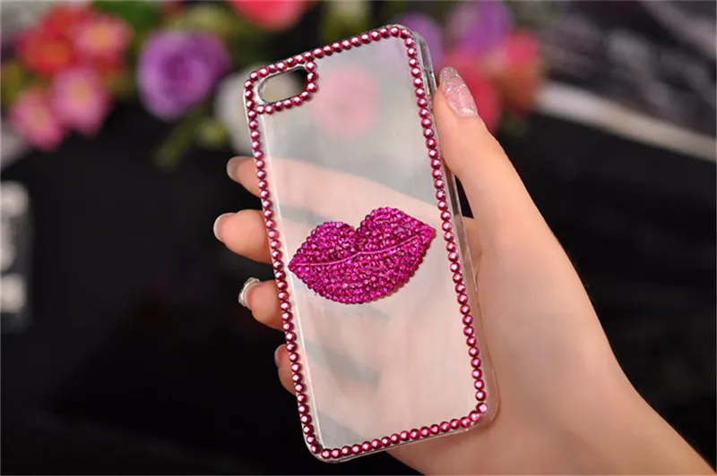 Bling-Diamond-Transparent-Soft-TPU-Phone-Case-Pink-Lip-Case-Cover-For-iPhone-X-5s-5c