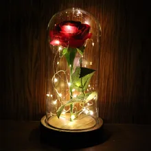 LAPHIL Eternal Rose Flowers LED Flashing Luminous Artificial Flowers for Wedding Gift Red Rose in a Glass Dome on a Wooden Base