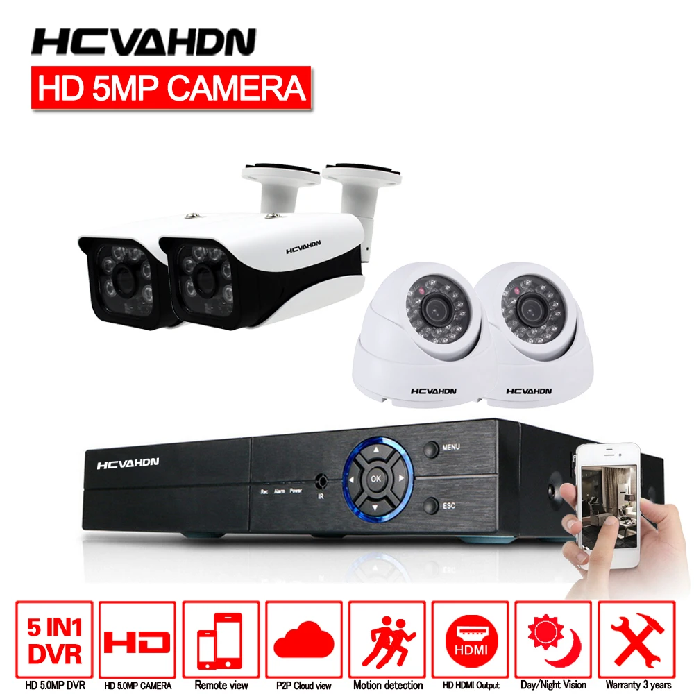 

HCVAHDN 5.0MP Security Camera System 5MP CCTV Surveillance Kit 4CH DVR 5MP Video Output 40m Night Vision Camera HDMI P2P Onvif