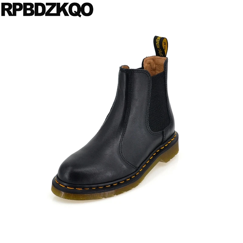 

Designer Round Toe Slip On Fall Short Black Chelsea Big Size Booties Women Ankle Boots 2018 Genuine Leather Flat Autumn Shoes