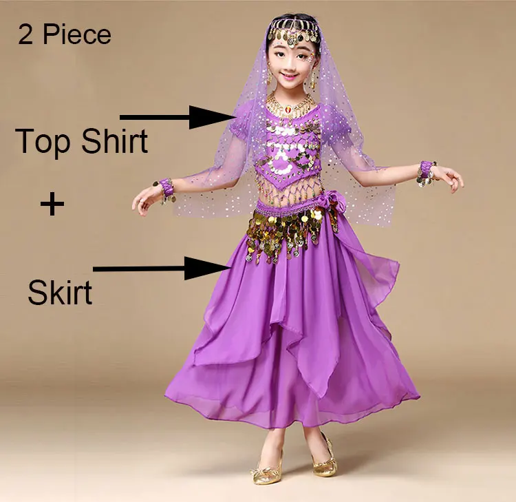 Детский профессиональный сценический костюм для танца живота для девочек, Египетский танец живота, костюмы для девочек, индийские болливудские комплекты для танцев - Цвет: 2 Piece Purple
