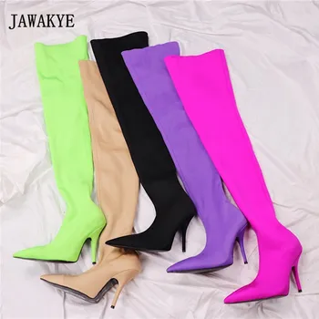 

2017 Silk Stretch Purple Over The Knee Boots Women Sexy Pointed Toe High Heel Boots Femme Beige Satin Pink Thigh High Boot Woman