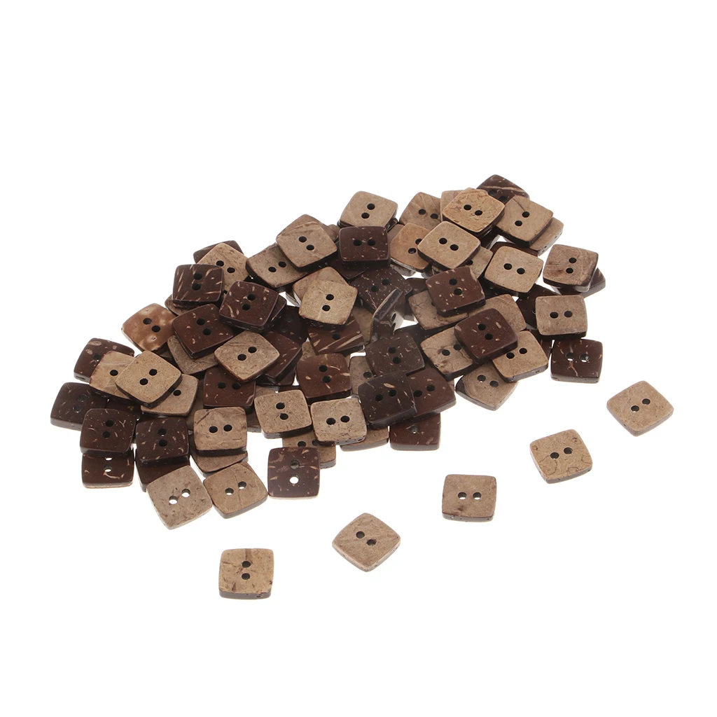 100pcs Square Shape Wooden Coconut Shell Buttons 2 Holes for DIY Sewing Craft