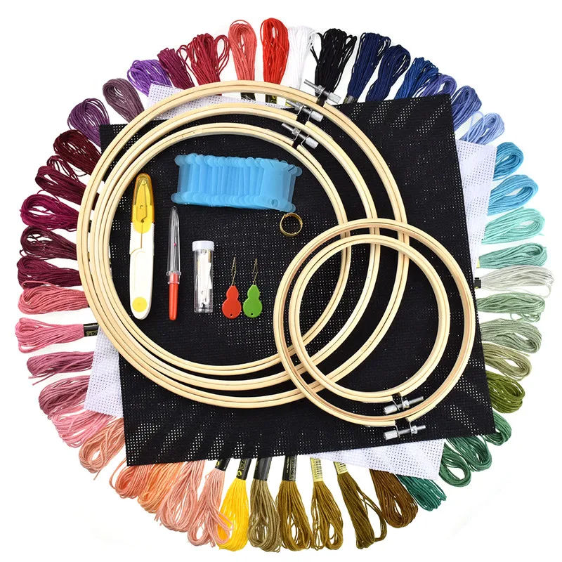 

5 Pieces Bamboo Embroidery Hoop Cross Stitch Embroidery Frame Set with 50pcs Threads Needlework Accessory Costura Sewing Tools