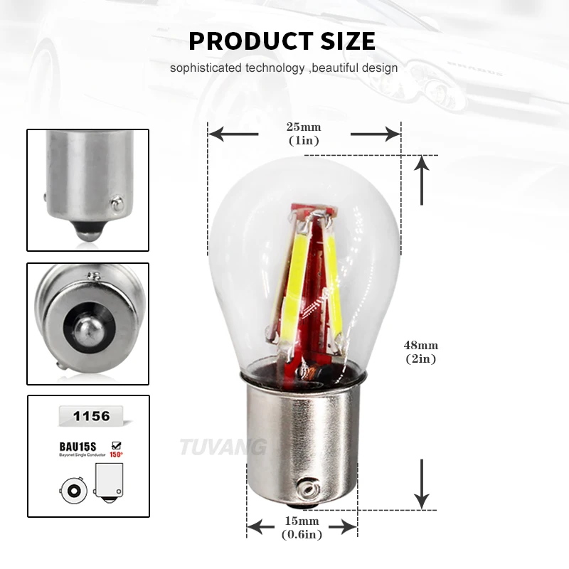 2x1156 BAU15S PY21W S25 теплый белый сигнальный светильник, Cob Светодиодный стояночный фонарь, тормозной светильник s, задний фонарь DRL для автомобиля