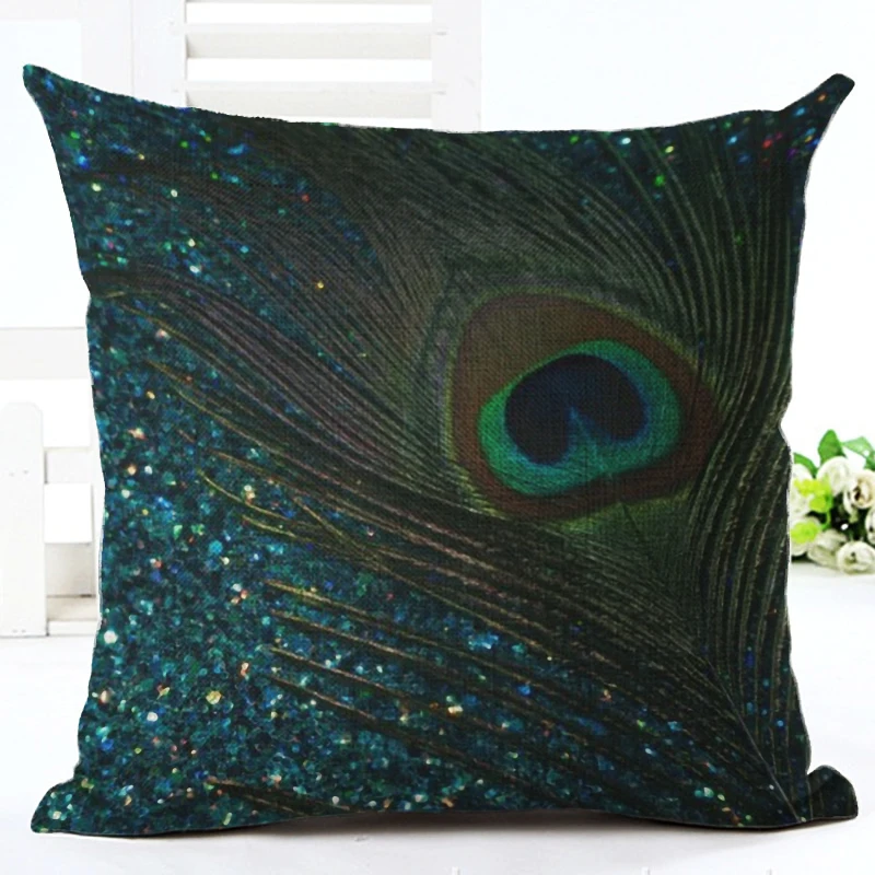

New Peacock feather Printed Linen Decorative Cushion Cover Pillowcase Car Seat 45*45cm