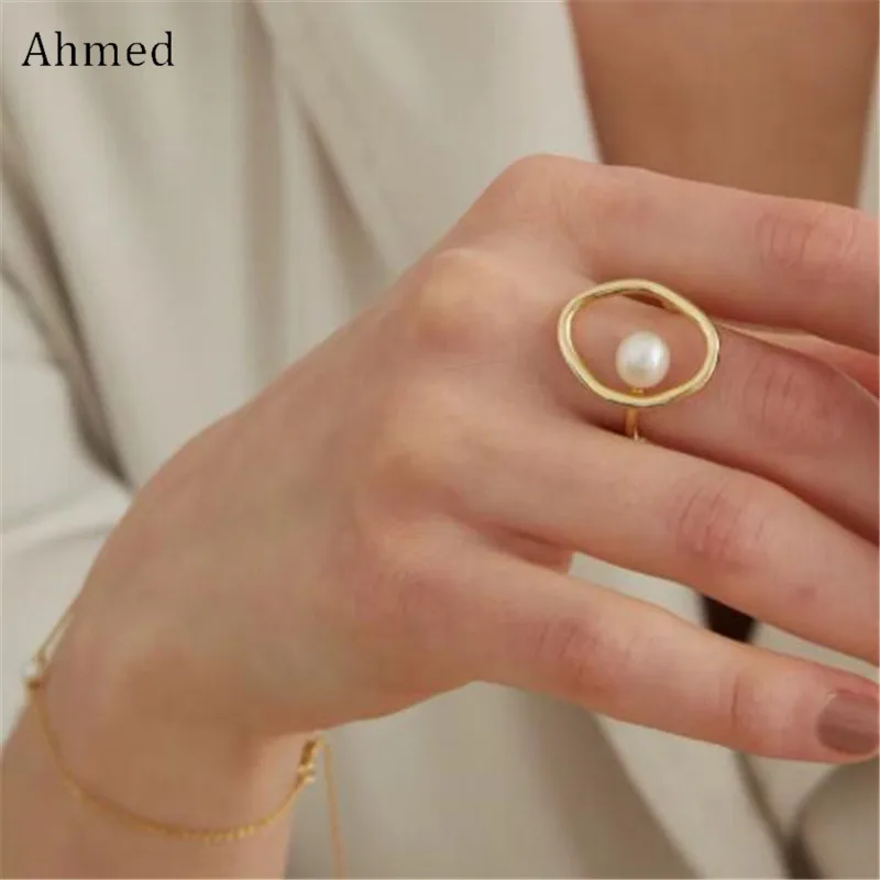 

Ahmed 1.7cm Ins Fashion Gold Color Simple Imitation Pearl Ring for Women New Charm Engagement Wedding ring Gifts Party