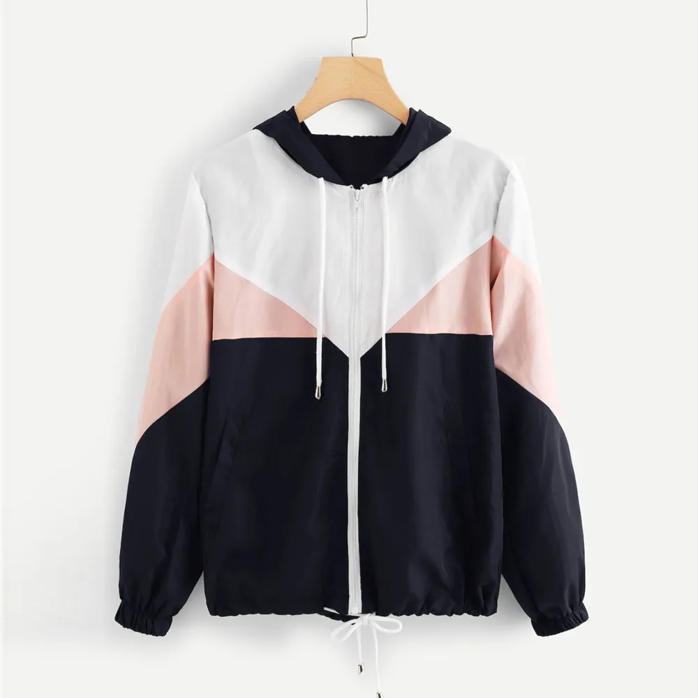 

Fashion Coat Women Autumn Long Sleeve Patchwork Hooded Top Blouse Coats and Jackets Women Windbreaker 2018 New chaqueta mujer