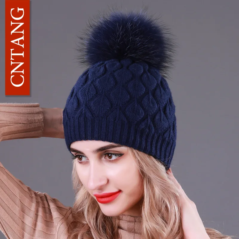 CNTANG Double layer Thick Wool Knitted Hats For Women Natural Raccoon Fur With Pompom Caps Winter Warm Ladies Fashion Beanies - Цвет: Navy Navy Pompom