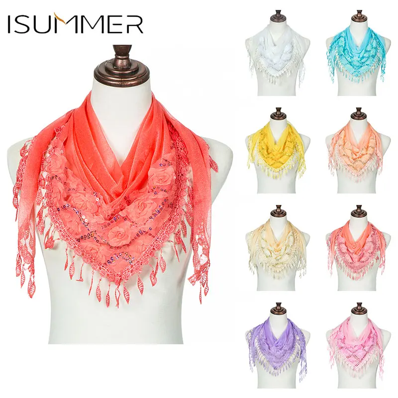 New Colorful Flower Tassel Triangle Scarf Women Fashion Lace Chiffon
