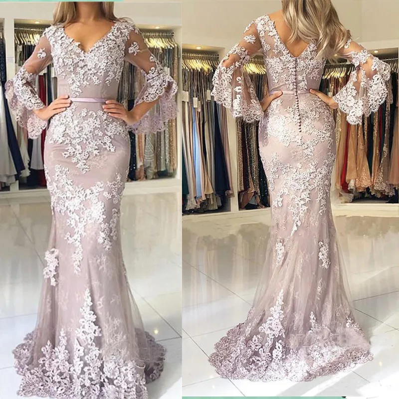 

V Neck Mermaid Evening Dresses 2019 Long Sleeves Prom Gowns Backless Sweep Train Formal Party Dress Plus Size vestido de noche