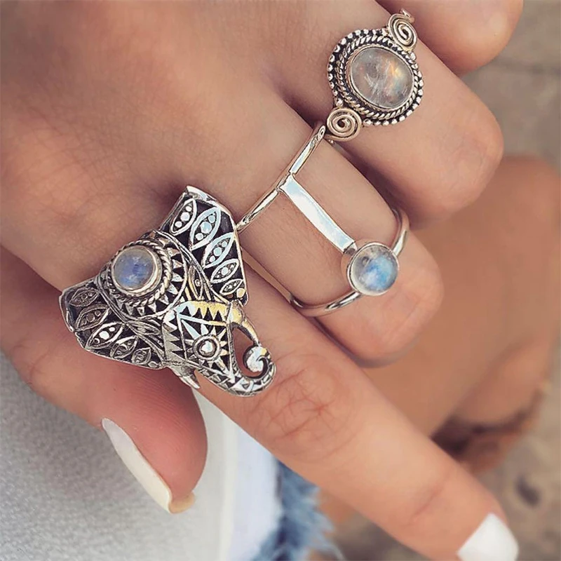 

3 Pcs/ Set Boho Hollow Elephant Round Crystal Opal Silver Joint Ring Women Personality Party Ring Set Charm Valentines Day Gift