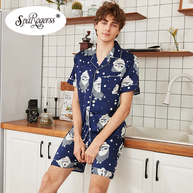 2019 Новый Для мужчин короткие пижамы наборы искусственного шелка пижамы для отдыха Для мужчин пижамы Домашняя одежда Высокое качество