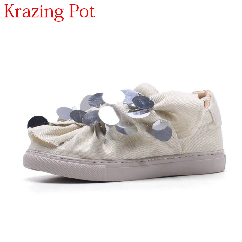 

2018 Round Toe Glitter Slip on Causal Shoes Loafer Sweet Low Heels Platform Sneaker Sexy Thick Bottom Women Vulcanized Shoes L07