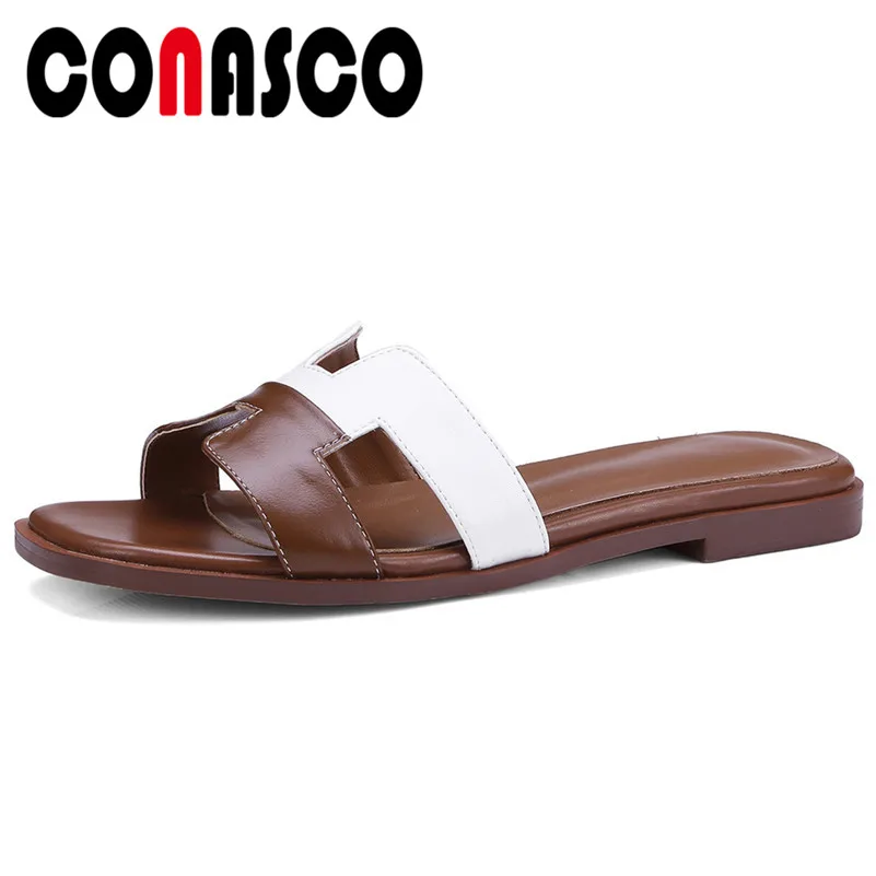 

CONASCO Fashion Brand Genuine Leather Summer Sandals Flats Heels Comfort Casual Shoes Woman Cow Leather Ladies New Slippers