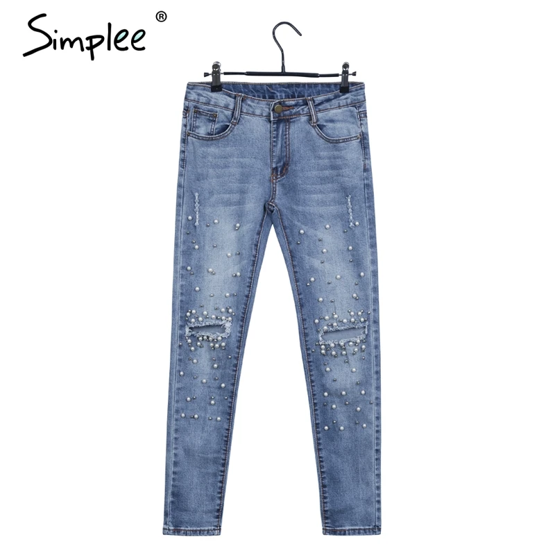 Simplee Streetwear pearl hole jeans female Casual pocket skinny pencil jean pants Destroyed ripped denim jean women trousers