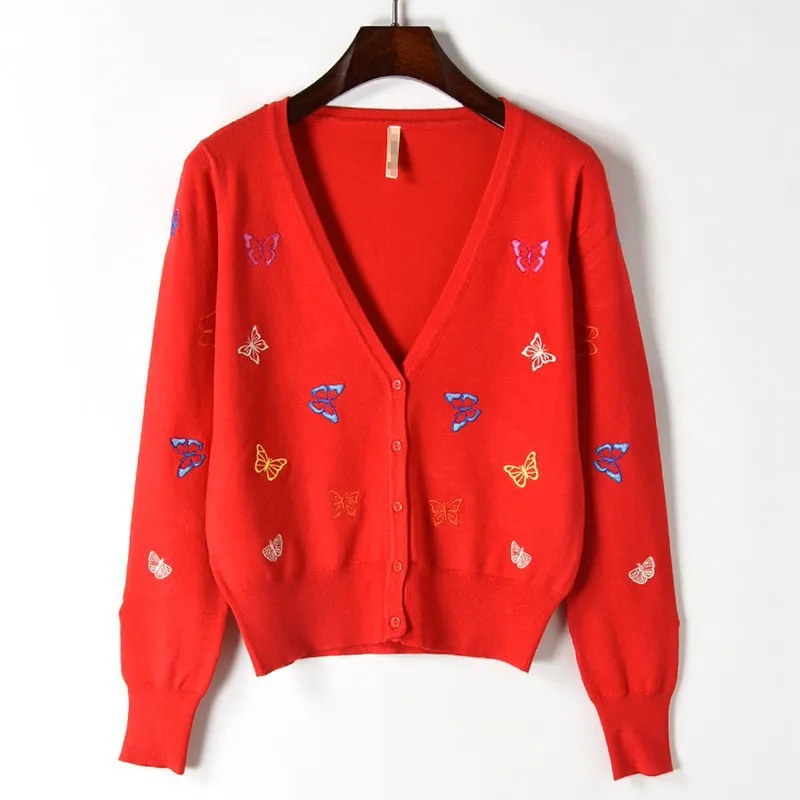 

2019 Spring Autumn Embroidery Butterfly Sweater V-neck Coats Cardigan Women Knitted Cute Short Cardigans Thin Outwear Coat Mujer