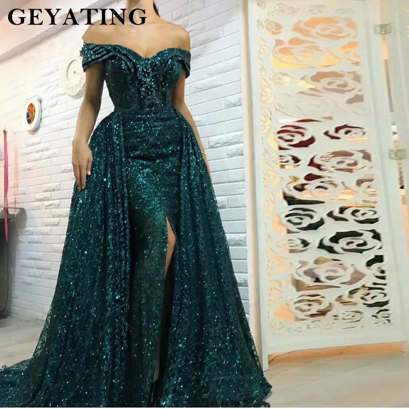 Saudi Arabic Dark Green Mermaid Evening Dress Long Detachable Train Prom Dresses 2019 Dubai Turkish Off Shoulder Evening Gowns Saudi Arabic Dark Green Mermaid Evening Dress Long Detachable Train Prom Dresses 2019 Dubai Turkish Off Shoulder Evening Gowns