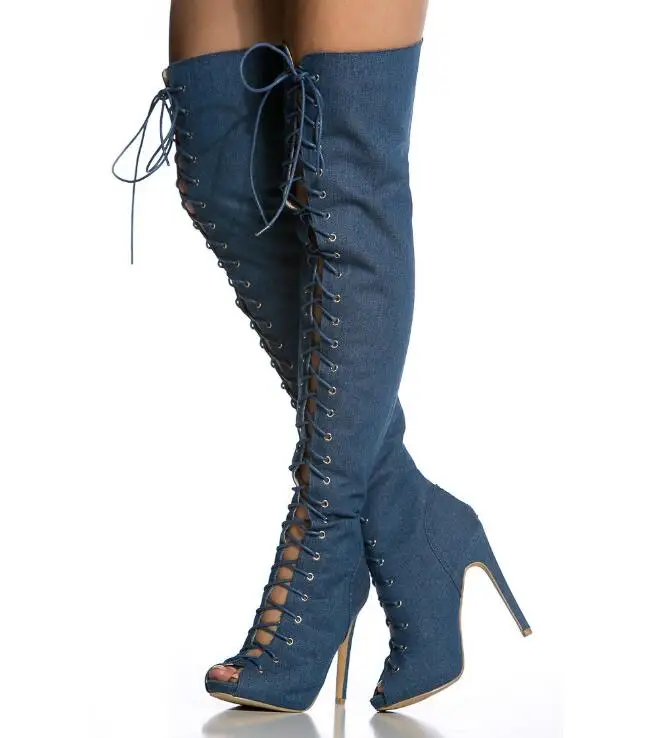 

Newest Denim High Heel Boots Women Peep Toe Cross-tied Long Boots Spring Over-the-Knee Thin Heels Shoes Large Size Party Shoes