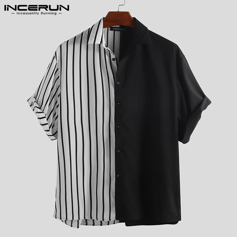 INCERUN Fashion Striped Patchwork Men Shirt Personality Short Sleeve Loose Button Up Hip-hop Casual