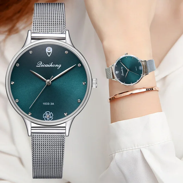 

Luxury Women Green Dial Bracelet Quartz Clock Fashion Metal Silver Belt Fashion Creative Dress Watches For Ladies Women Gift
