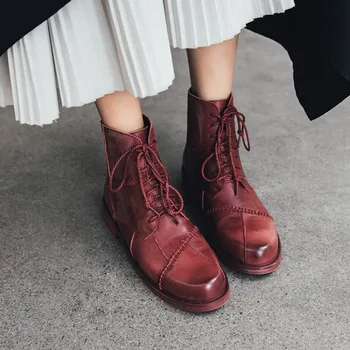 

MLJUESE 2020 women ankle boots cow leather vintage lace up round toe winter short plush low heels boots women riding boots