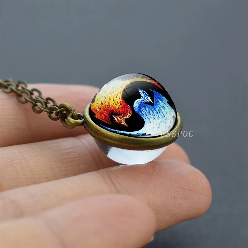 Двухбоковое ожерелье Yin Yang тайцзи стеклянный шар Dragon бронзовая цепочка колье