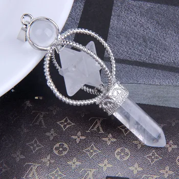 

yaye Clear Quartz Stone Crystal Roller Ball Top Merkaba Star Hexagon Column Scepter Pendant Silver Plated Charm Ornament 1pc