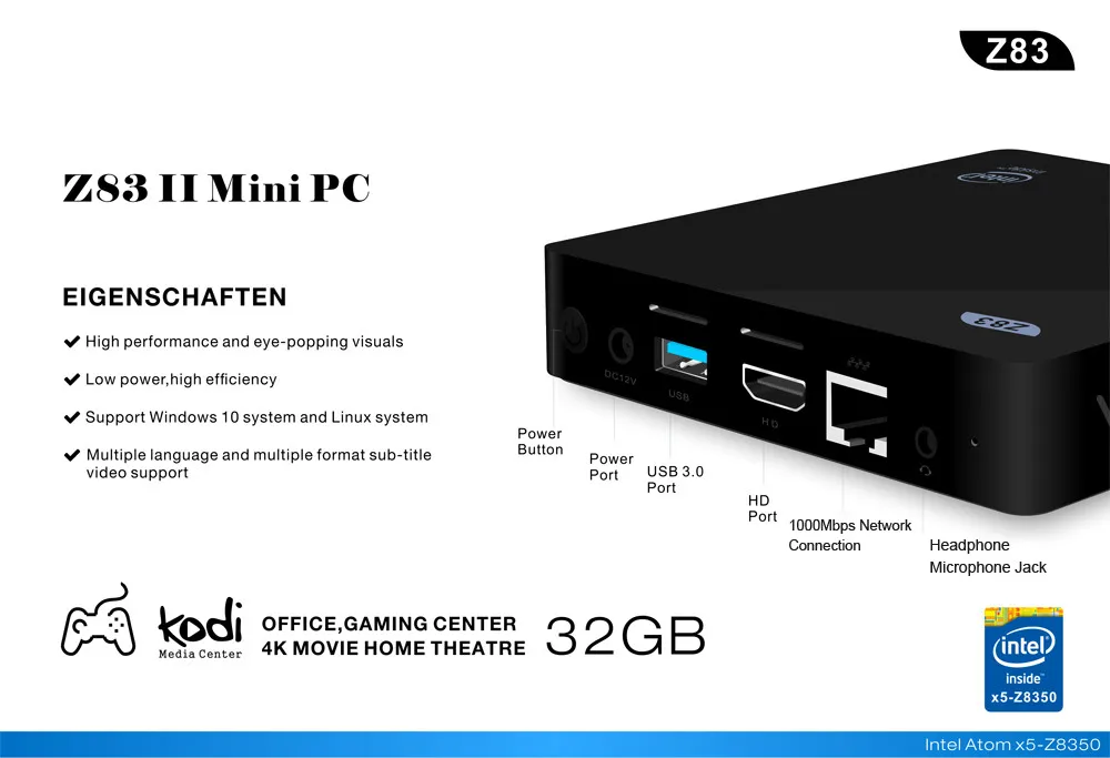 Z83II мини-ПК Windows 10 Intel Atom x5-Z8350 четырехъядерный 2G 3 2G/4G 64G Smart tv Box 2,4G 5,8G WiFi ТВ-приставка MInipc медиаплеер