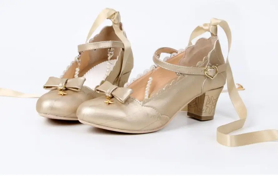 Женская обувь в стиле Лолиты с жемчужной цепочкой и бантом-бабочкой; Женская обувь в стиле Лолиты; tbx118 - Цвет: 118 gold