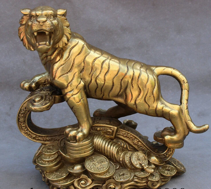 

JP S0114 8" Chinese Brass Year Zodiac RuYi YuanBao Copper Coin Lying Tiger Roar Statue Discount 35%
