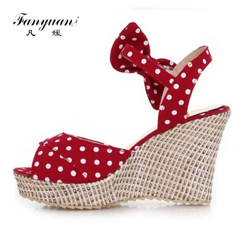 

fanyuan Summer Platform sandals Ladies Fish toe Polka dot Bow Platform Wedges Heels Women Shoes Two Piece Ladies Shoes Red Blue