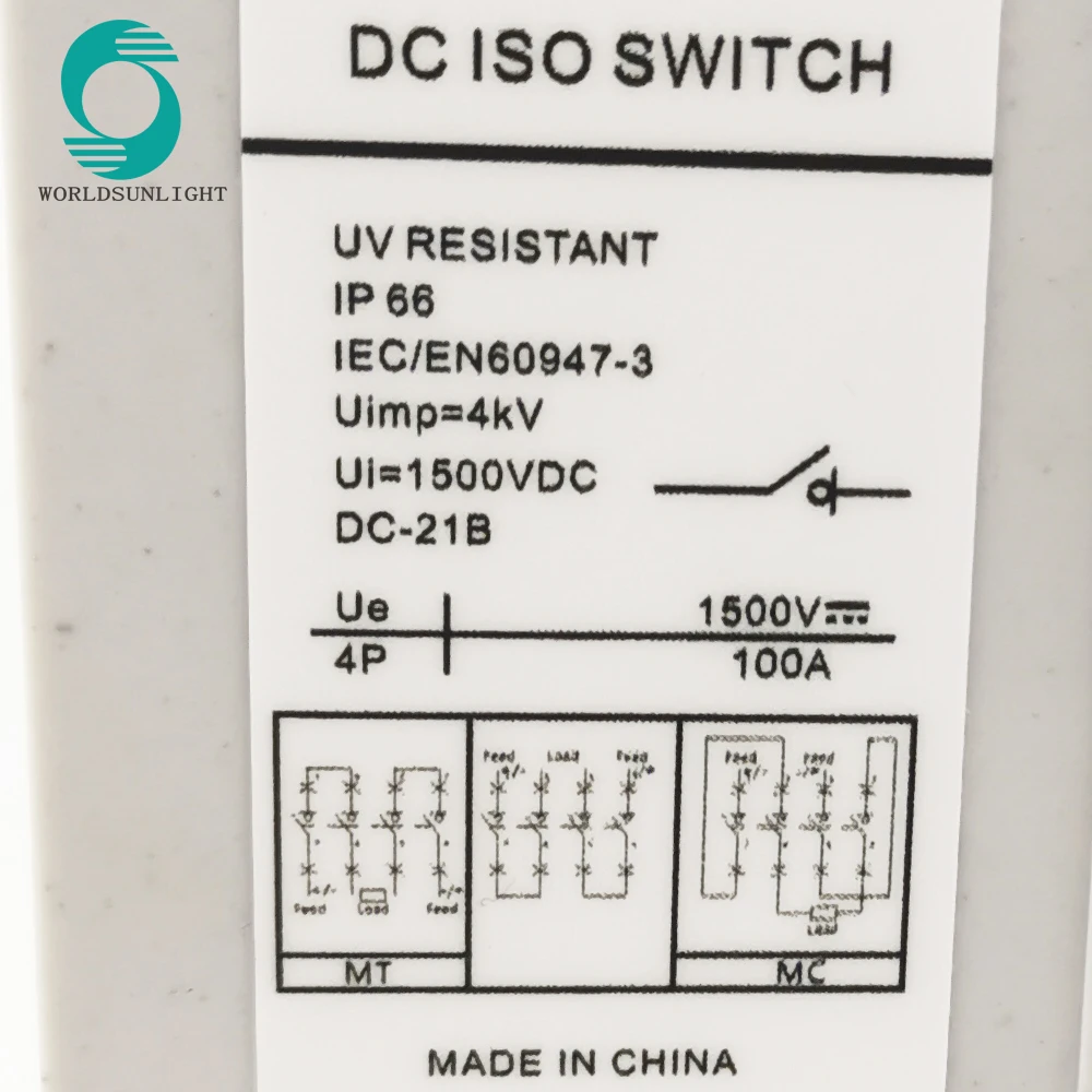 IP66 Worldsunlight на открытом воздухе 1500V 63A 4P солнечной фотоэлектрической изолятор постоянного тока размыкающий выключатель