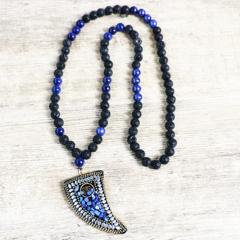 

Boho Unisex Vintage Jewelry Nature Black Lava Stone Lapis Lazuli Beads with Unicorn Pendant Long Necklace
