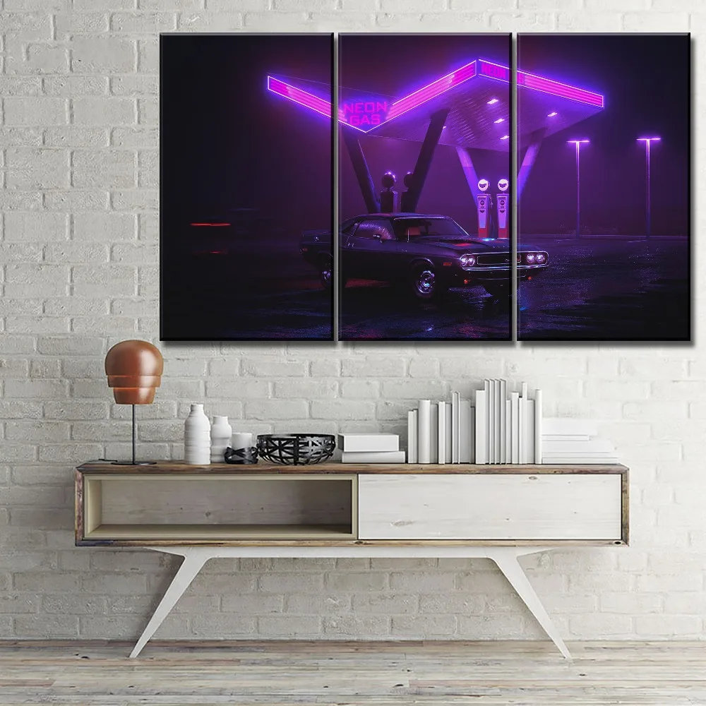 

Wall Modular Picture Home Decorative Framework 3 Panel Car Purple Retro Wave Painting Modern Canvas HD Prints Artwork Poster