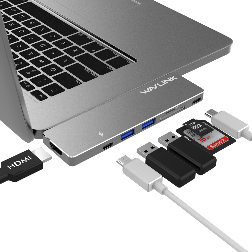

Wavlink Dual port Type-C Hub To HDMI Adapter For MacBook Pro USB C 40Gbps USB 3.0 Hub 4K@30hz HDMI Card Reader adapter Hub