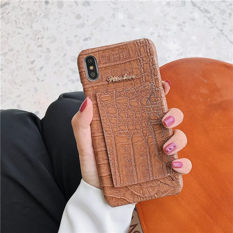 Crocodile skin phone case For iphone 6 6S 7 8 Plus XR X XS MAX case Leather shot Half pack slell holder Card Hard shell cover - Цвет: Коричневый