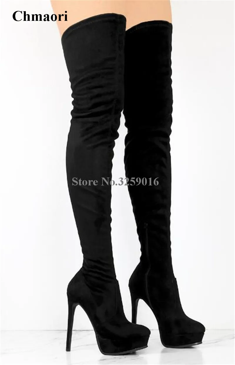 Women Sexy Black Suede Leather Over Knee High Platform Boots Slim Style