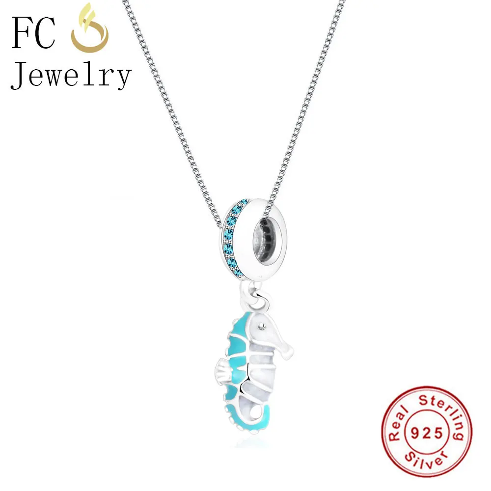 

FC Jewelry 925 Sterling Silver Small Animal Sea Horse Seahorse Green Enamel Pendant Necklace Women Collar Choker Trinket 2019
