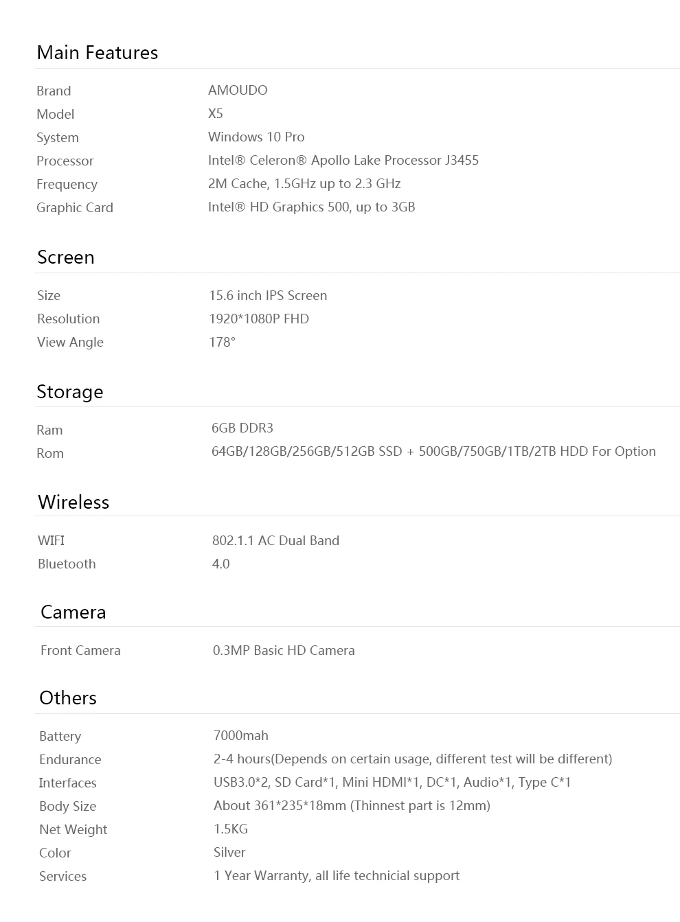 AMOUDO 15,6 дюймов 6 ГБ оперативная память + 256 SSD 500 HDD Intel 4 ядра процессор 1920*1080 FHD ips экран 5 г ноутбук Wi-Fi тетрадь компьютер